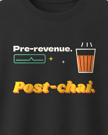 Black oversized t-shirt, close-up of the Pre-revenue print