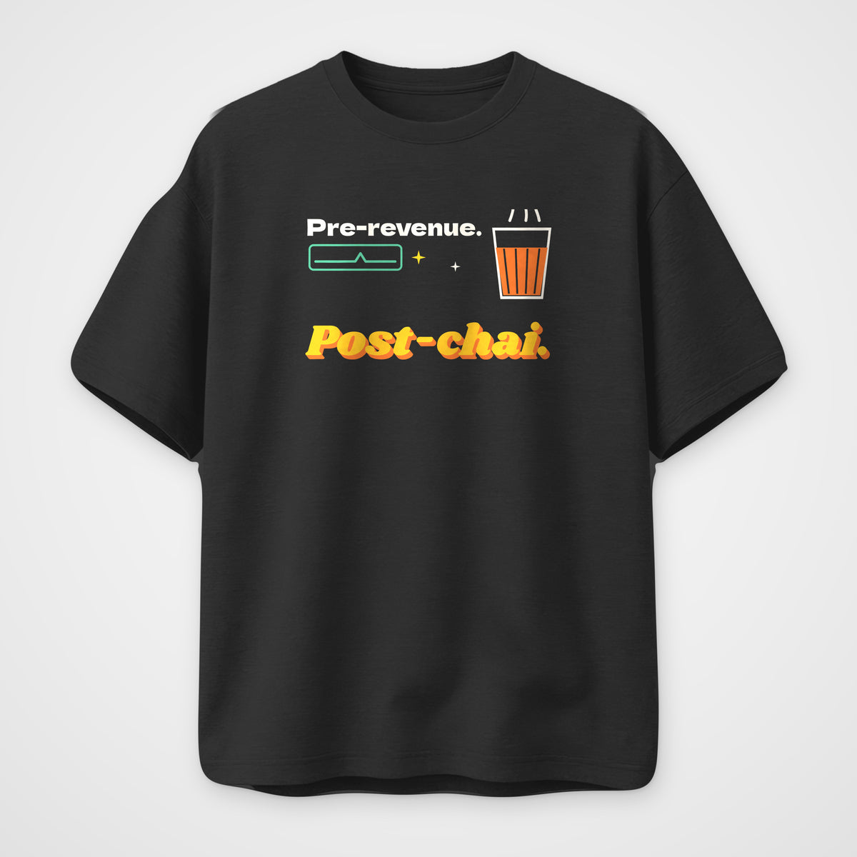 Black oversized t-shirt, front view, Pre-revenue print