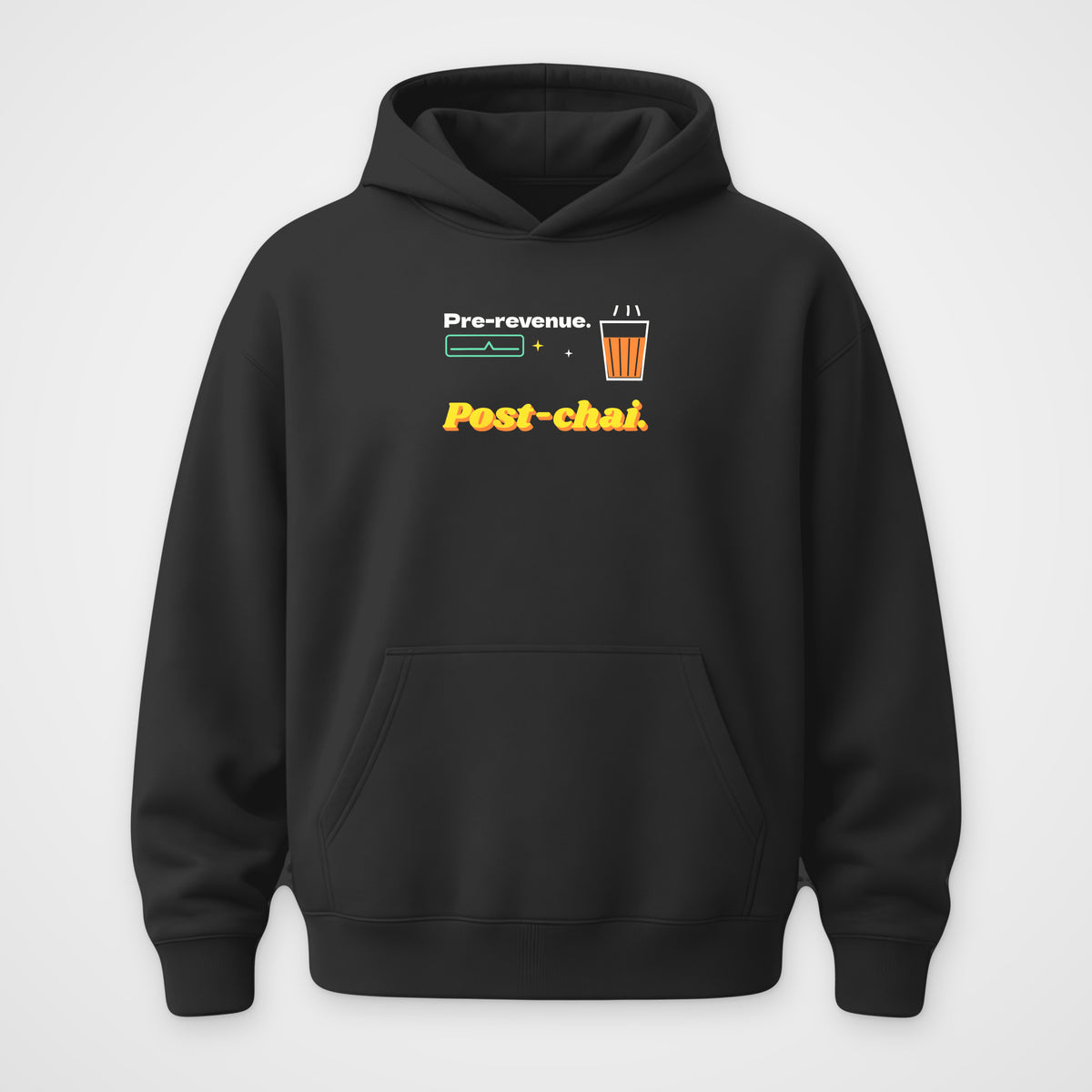 Black oversized hoodie, front view, Pre-revenue print
