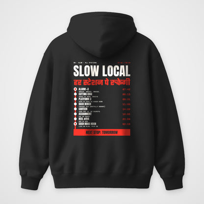 Black oversized hoodie, back view, Slow Local print