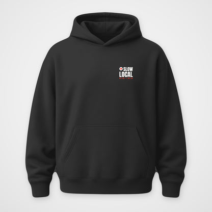 Black oversized hoodie, front view, Slow Local print