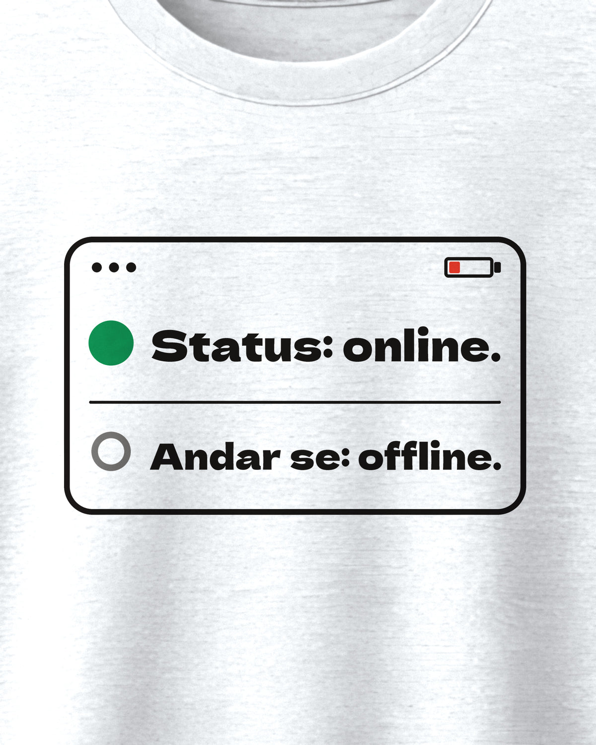 White oversized t-shirt, close-up of the Status Online print