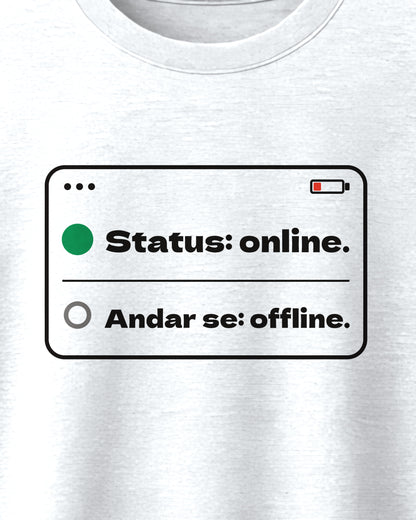 White oversized t-shirt, close-up of the Status Online print
