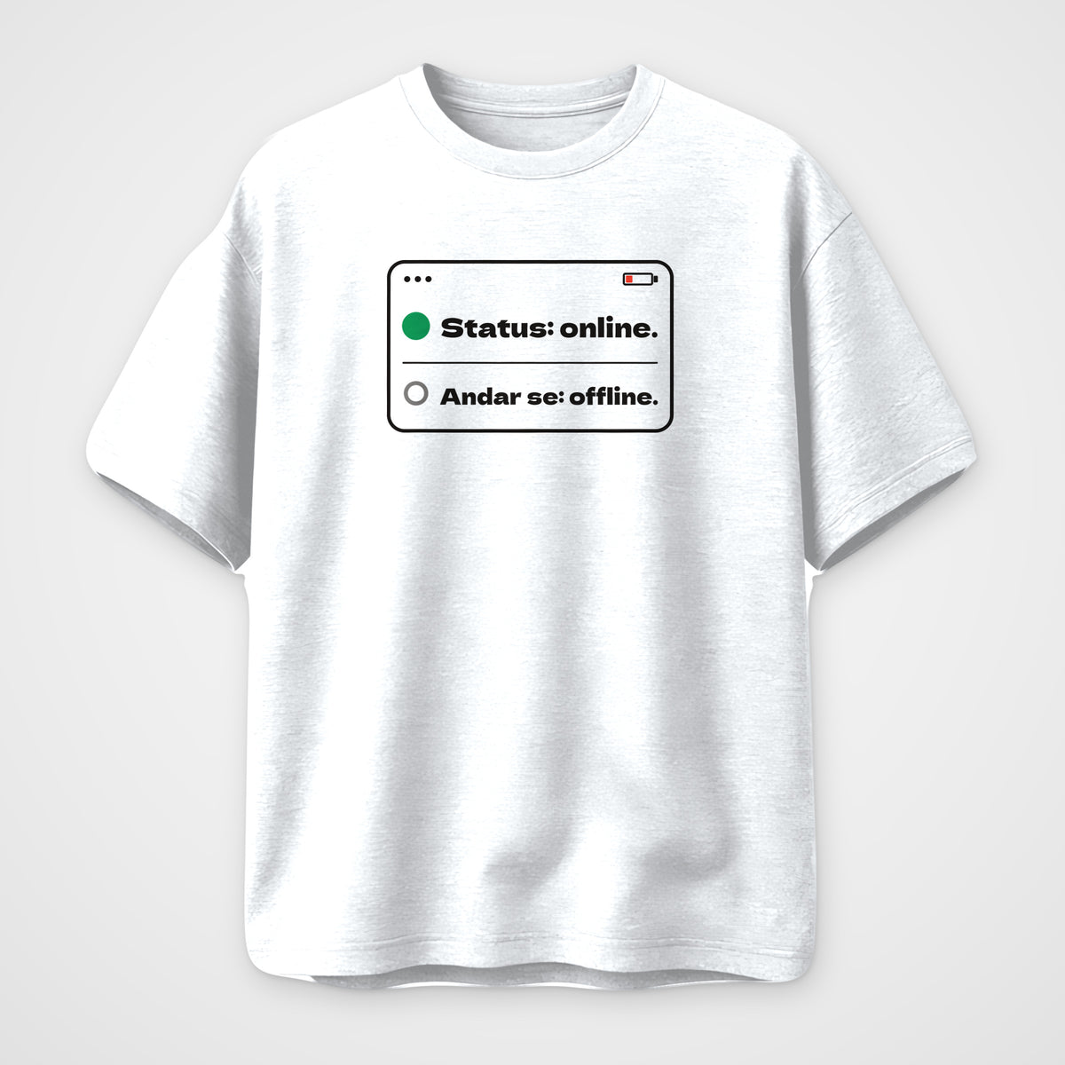 White oversized t-shirt, front view, Status Online print