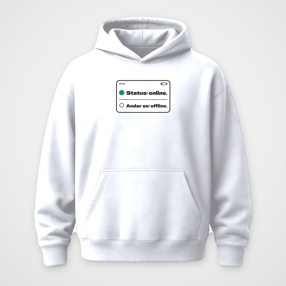 White oversized hoodie, front view, Status Online print