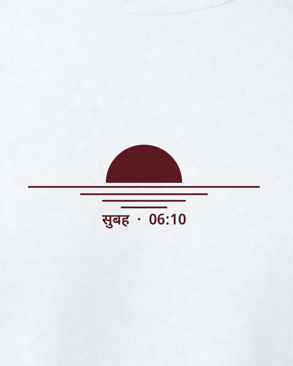 White regular fit t-shirt, close-up of the Subah 06:10 print