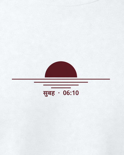 White regular fit t-shirt, close-up of the Subah 06:10 print