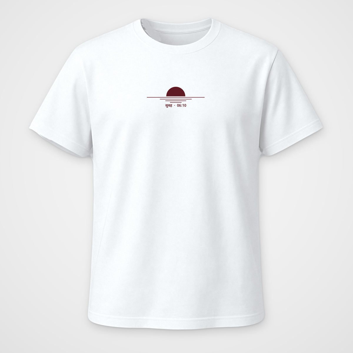 White regular fit t-shirt, front view, Subah 06:10 print