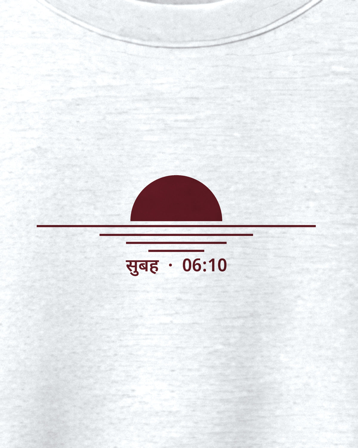 White oversized t-shirt, close-up of the Subah 06:10 print