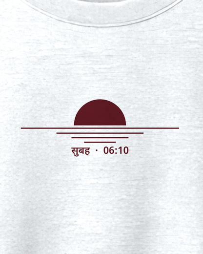 White oversized t-shirt, close-up of the Subah 06:10 print