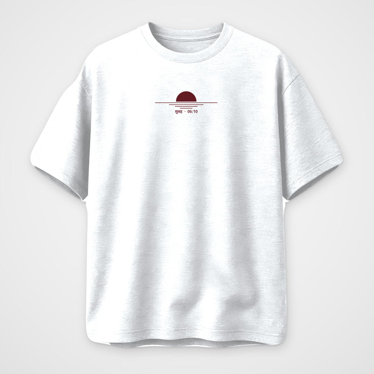 White oversized t-shirt, front view, Subah 06:10 print