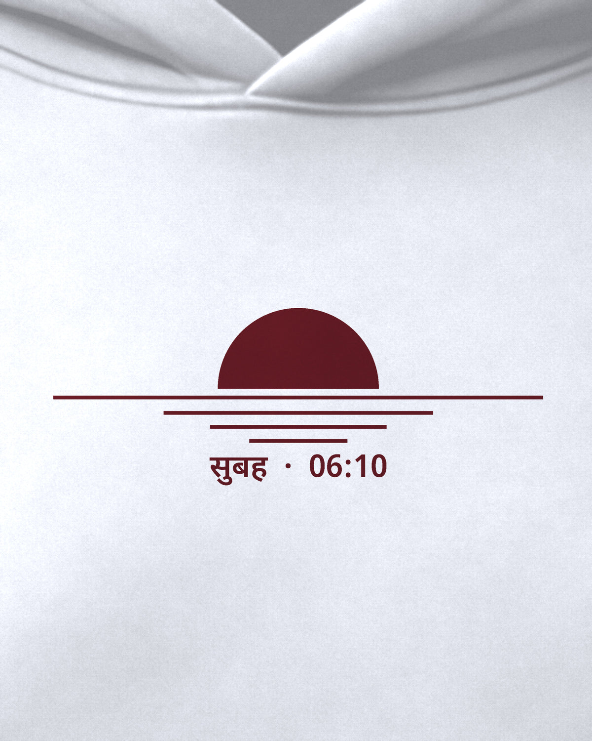 White oversized hoodie, close-up of the Subah 06:10 print
