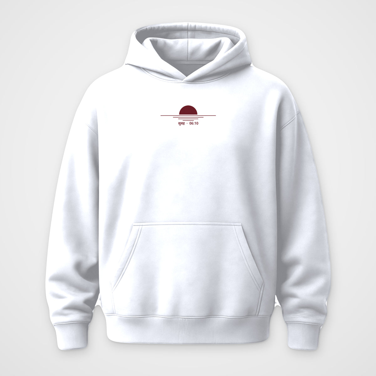 White oversized hoodie, front view, Subah 06:10 print