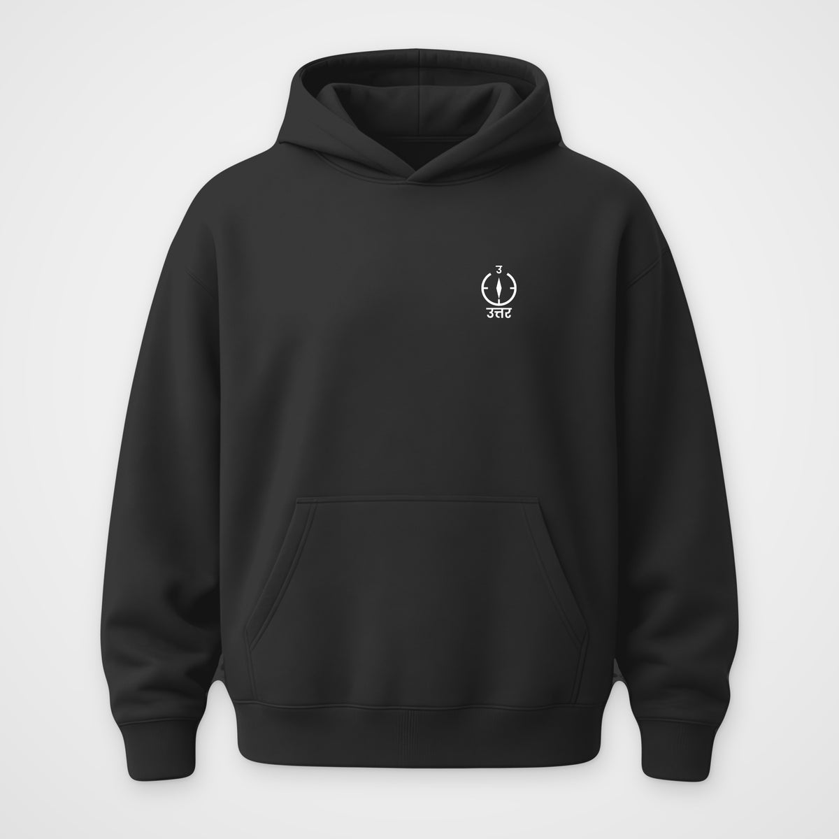Black oversized hoodie, front view, Uttar print
