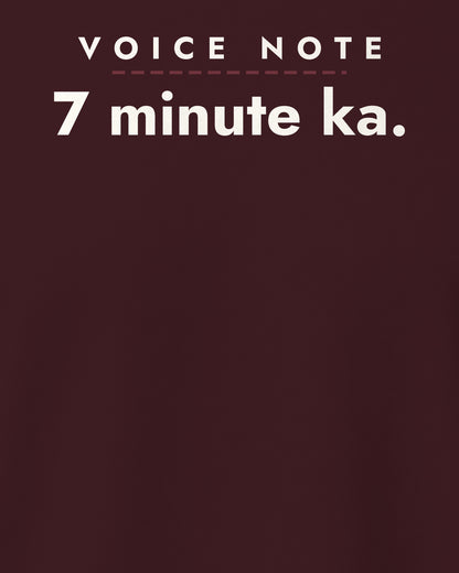 Maroon regular fit t-shirt, close-up of the back print reading Voice note 7 minute ka – digital mockup