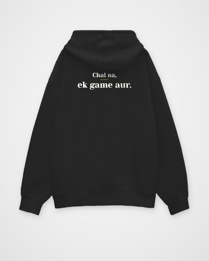 Black oversized hoodie, back view with one large print – digital mockup