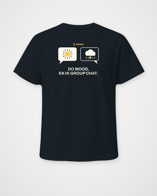 Navy blue regular fit t-shirt, back view, with two chat bubbles, one sunny and one stormy, GEMINI and Do – digital mockup