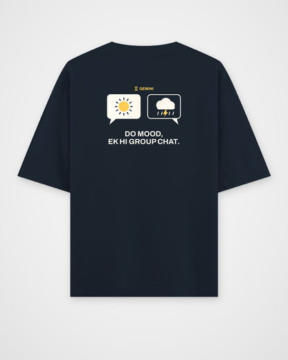 Navy blue oversized t-shirt, back view, with two chat bubbles, one sunny and one stormy, GEMINI and Do – digital mockup