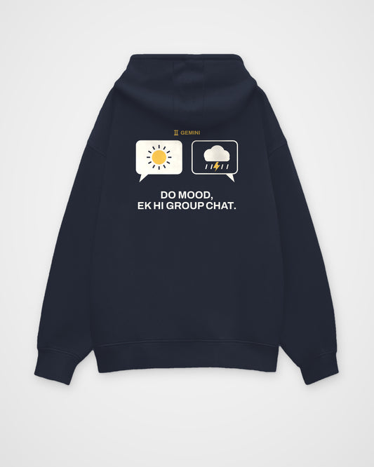 Navy blue oversized hoodie, back view, with two chat bubbles, one sunny and one stormy, GEMINI and Do mood – digital mockup