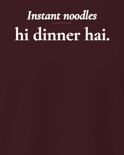 Maroon regular fit t-shirt, close-up of the back print reading Instant noodles hi dinner hai – digital mockup