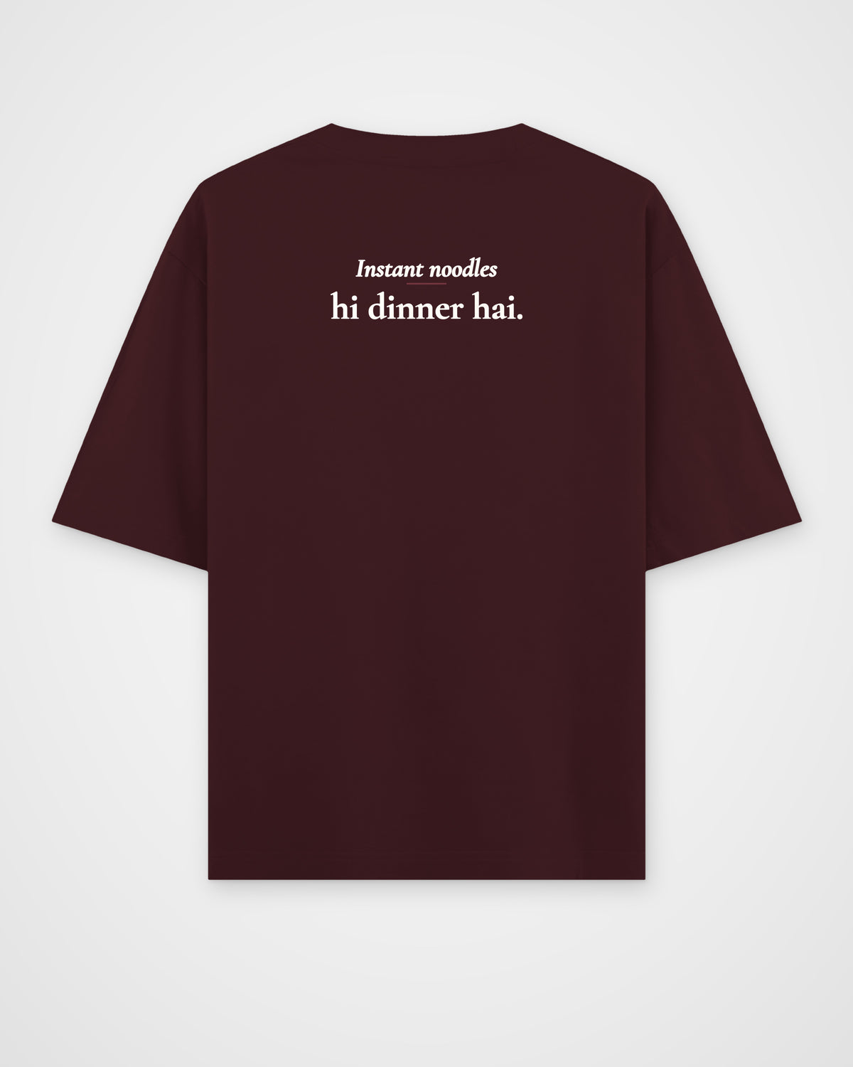 Maroon oversized t-shirt, back view with one large print – digital mockup