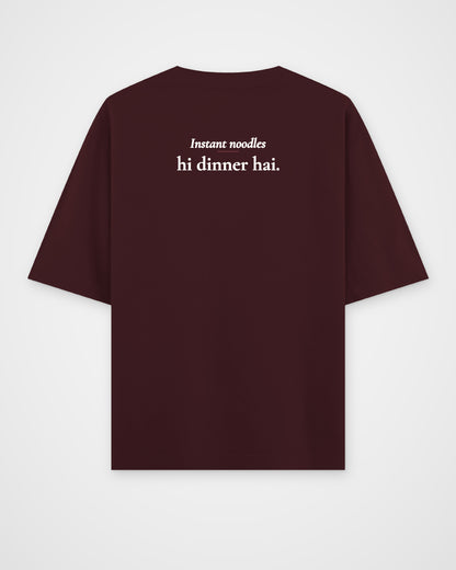 Maroon oversized t-shirt, back view with one large print – digital mockup