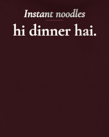Maroon oversized hoodie, close-up of the back print reading Instant noodles hi dinner hai – digital mockup