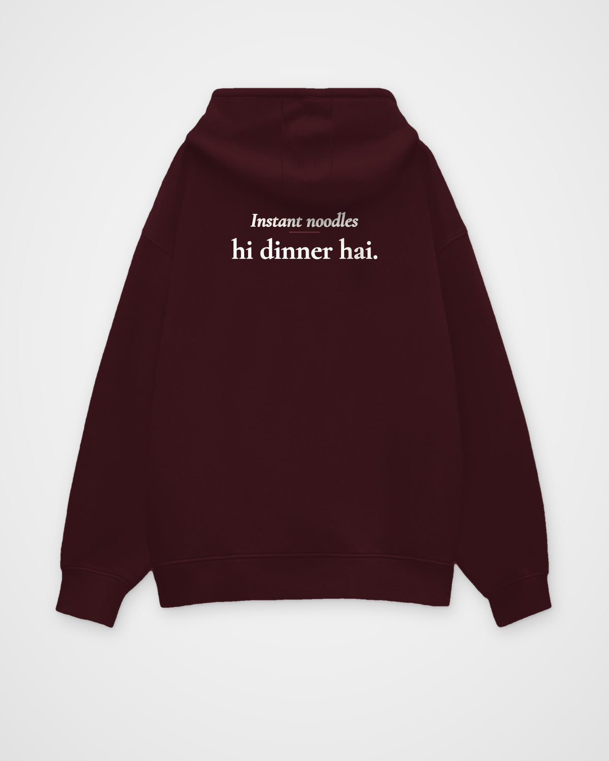 Maroon oversized hoodie, back view with one large print – digital mockup