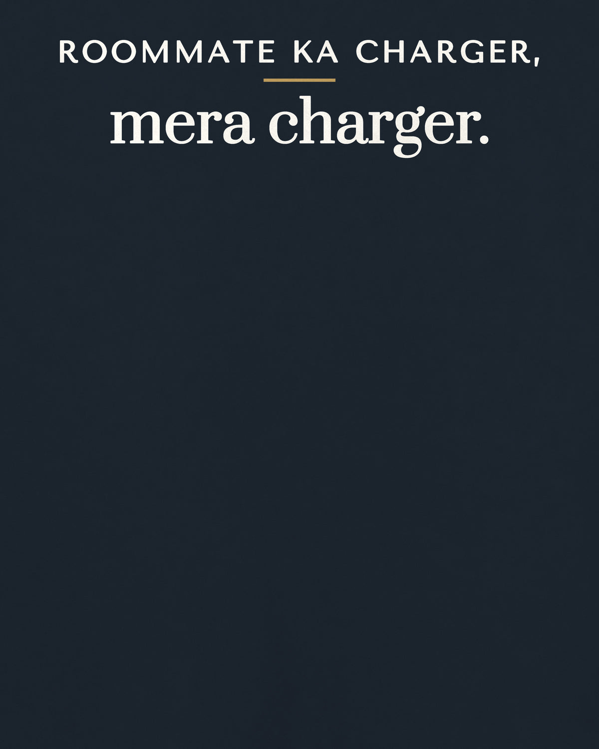 Navy Blue oversized t-shirt, close-up of the back print reading Roommate ka charger, mera charger – digital mockup