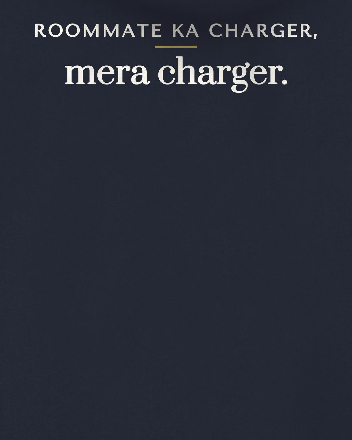 Navy Blue oversized hoodie, close-up of the back print reading Roommate ka charger, mera charger – digital mockup