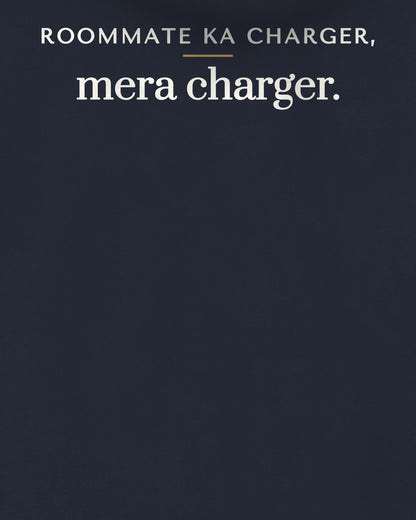 Navy Blue oversized hoodie, close-up of the back print reading Roommate ka charger, mera charger – digital mockup