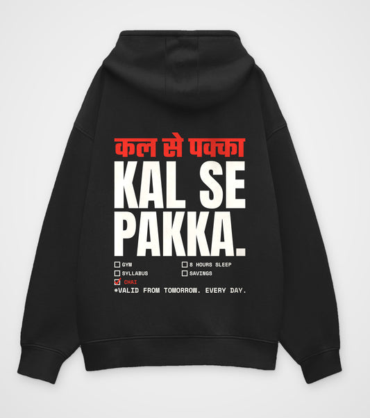 Black oversized hoodie, back view, large headline over a checklist with only chai ticked