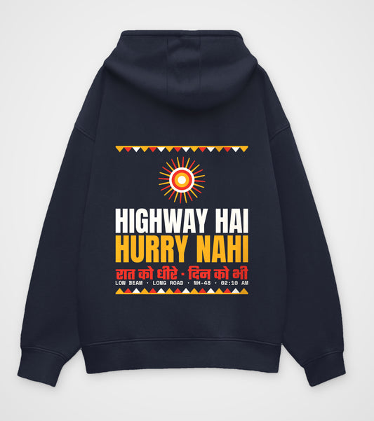 Navy blue oversized hoodie, back view, truck-art headlight over HIGHWAY HAI HURRY NAHI