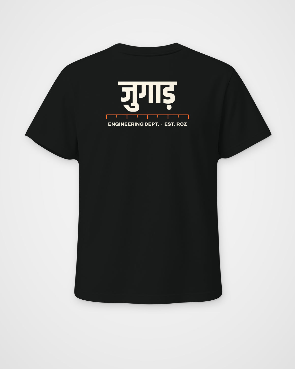 Black regular fit t-shirt, back view, a big Hindi wordmark reading jugaad, a ruler and ENGINEERING DEPT – digital mockup
