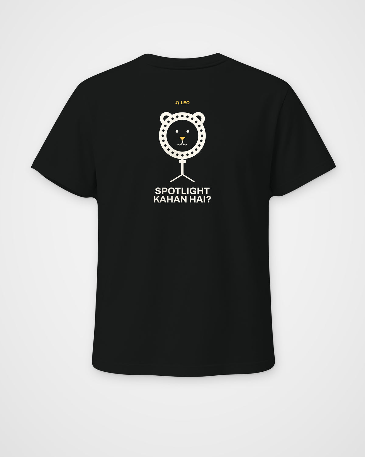 Black regular fit t-shirt, back view, with a lion framed by a ring light with LEO and Spotlight kahan hai?
