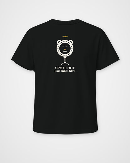 Black regular fit t-shirt, back view, with a lion framed by a ring light with LEO and Spotlight kahan hai?
