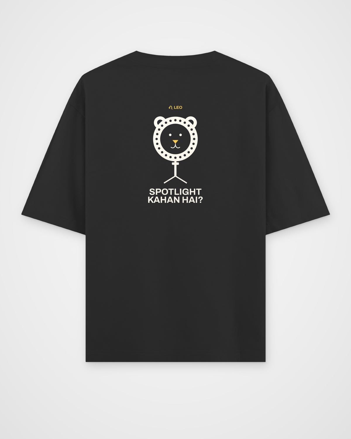 Black oversized t-shirt, back view, with a lion framed by a ring light with LEO and Spotlight kahan hai?