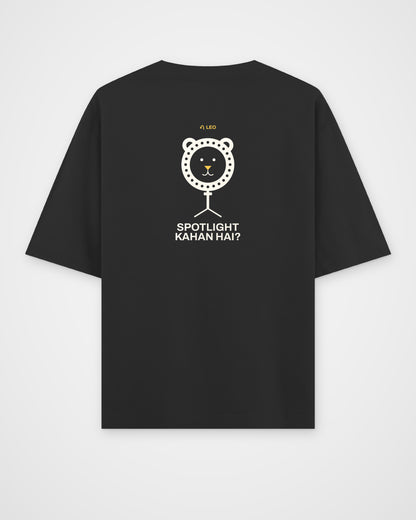 Black oversized t-shirt, back view, with a lion framed by a ring light with LEO and Spotlight kahan hai?