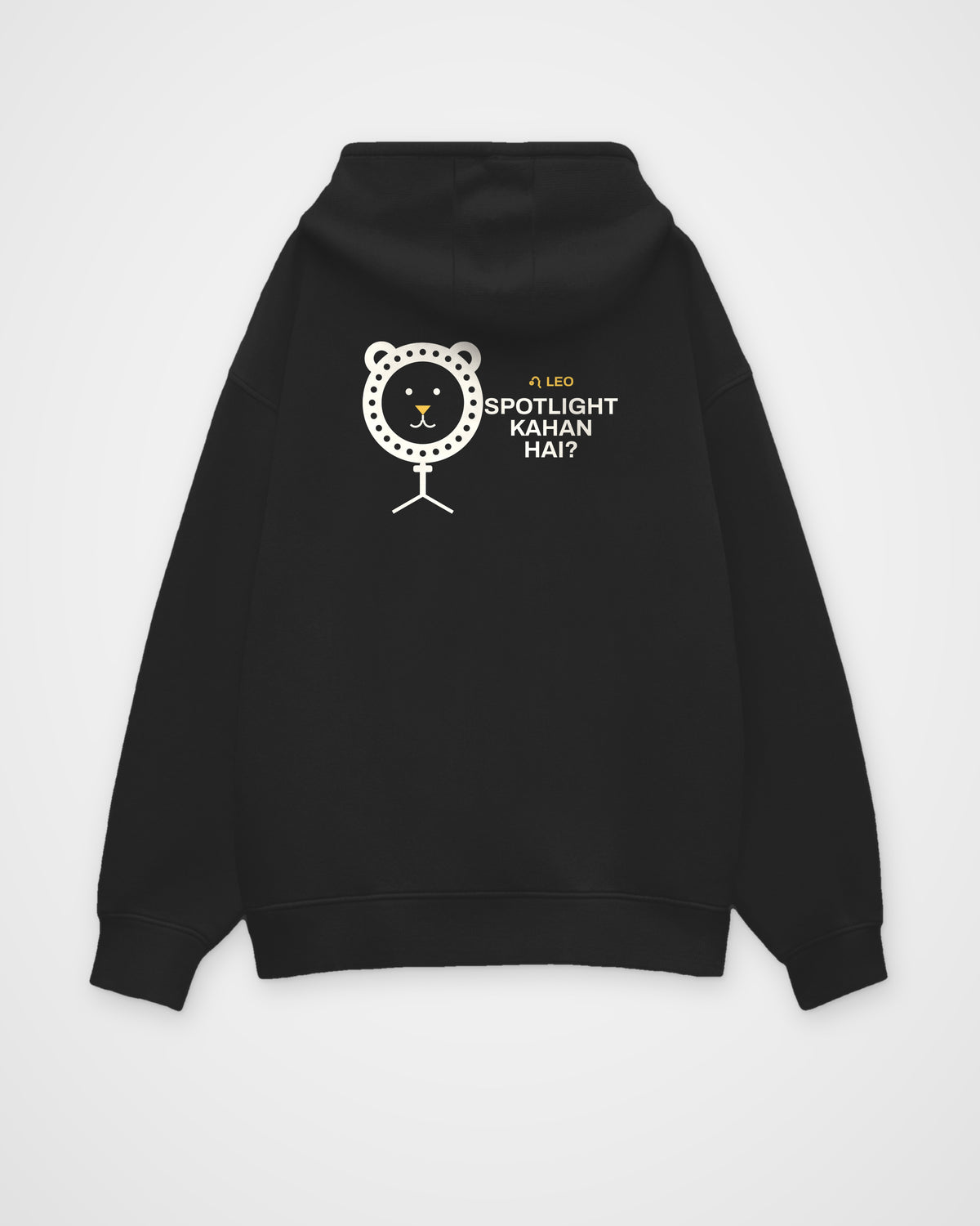 Black oversized hoodie, back view, with a lion framed by a ring light with LEO and Spotlight kahan hai?
