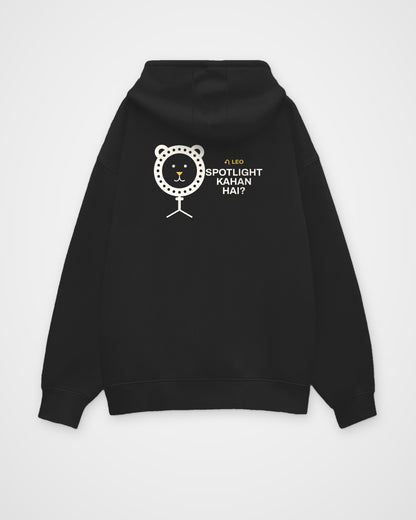 Black oversized hoodie, back view, with a lion framed by a ring light with LEO and Spotlight kahan hai?