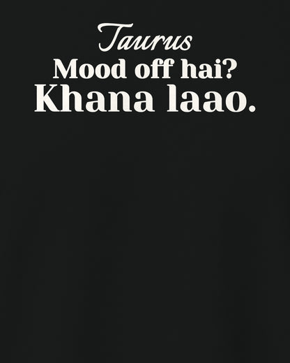 Black regular fit t-shirt, close-up of the back print reading Mood off hai? Khana laao – digital mockup
