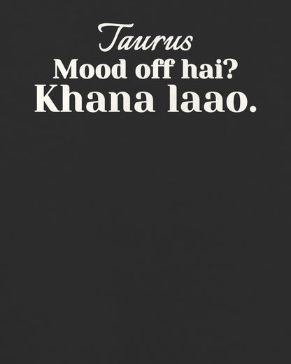 Black oversized t-shirt, close-up of the back print reading Mood off hai? Khana laao – digital mockup