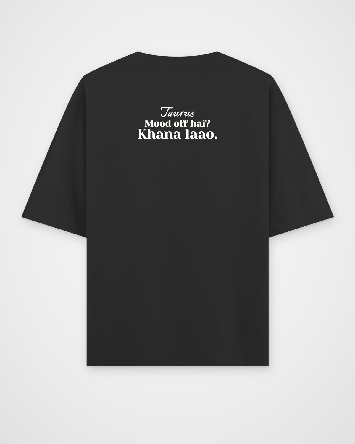Black oversized t-shirt, back view with one large print – digital mockup