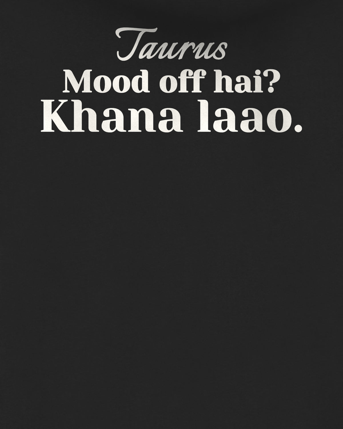Black oversized hoodie, close-up of the back print reading Mood off hai? Khana laao – digital mockup
