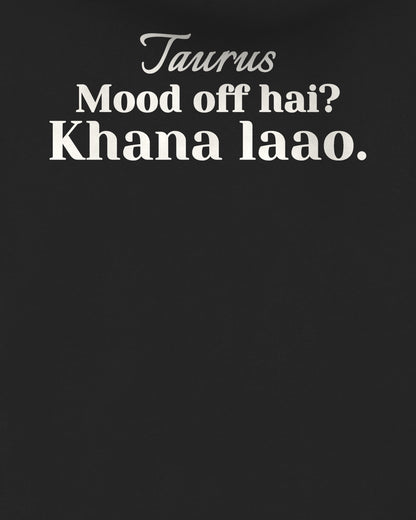 Black oversized hoodie, close-up of the back print reading Mood off hai? Khana laao – digital mockup