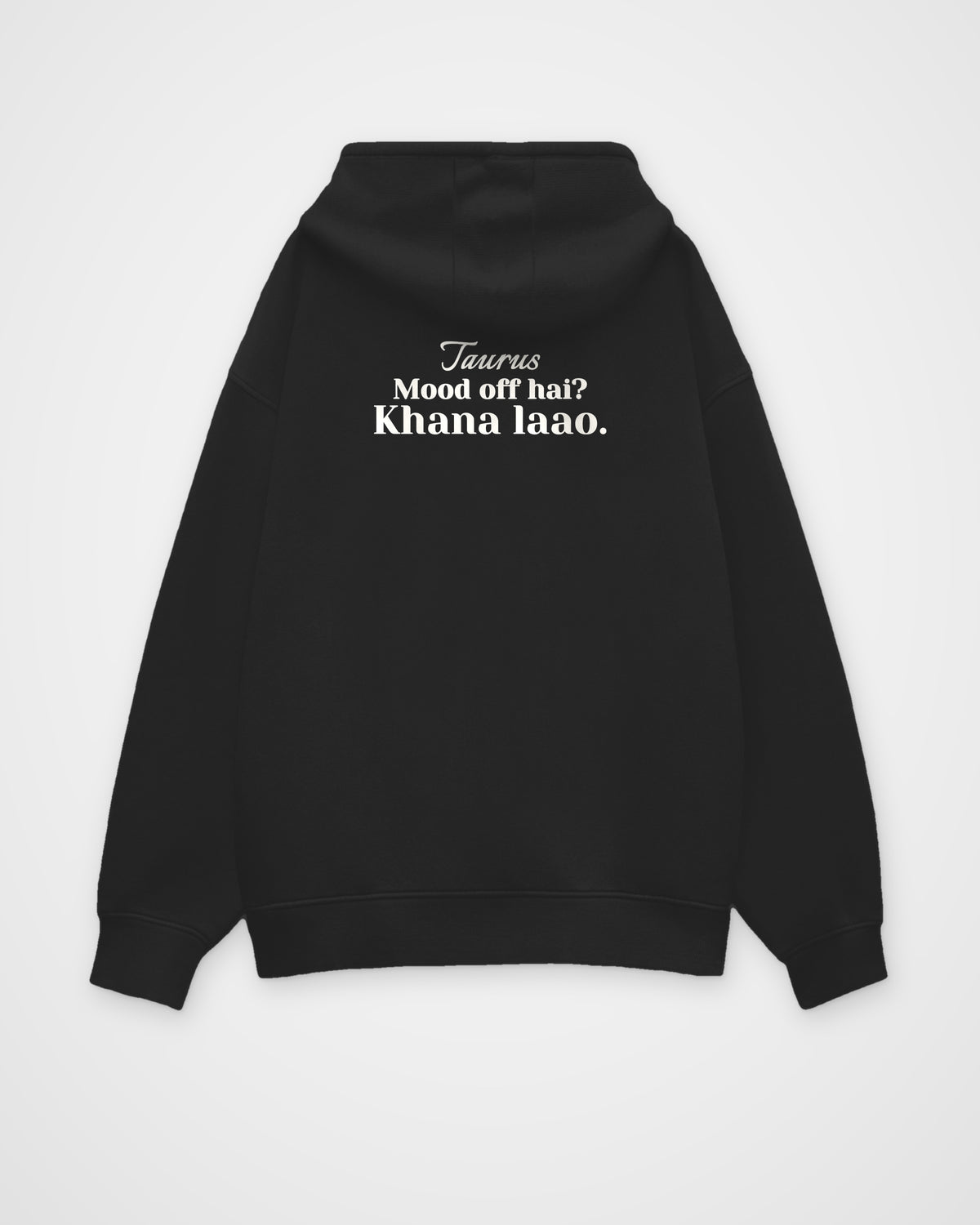 Black oversized hoodie, back view with one large print – digital mockup