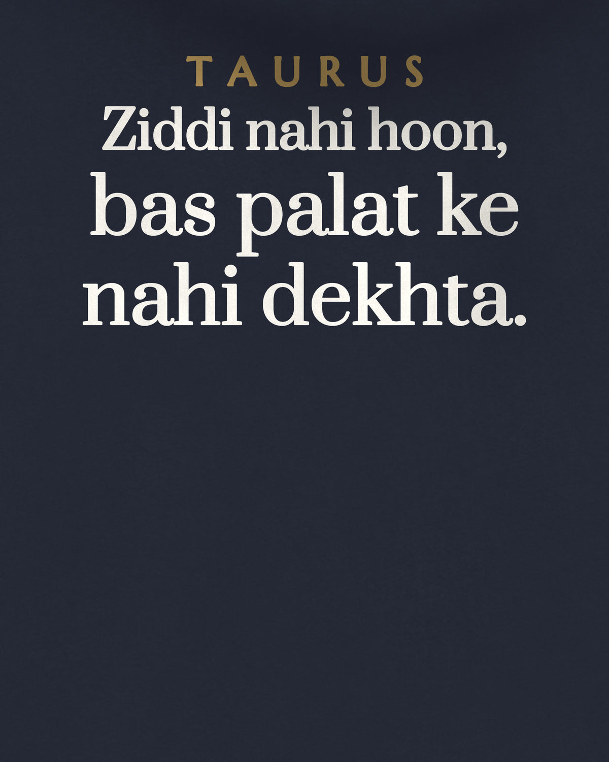 Navy Blue oversized hoodie, close-up of the back print reading Ziddi nahi hoon, bas palat ke nahi dekhta – digital mockup