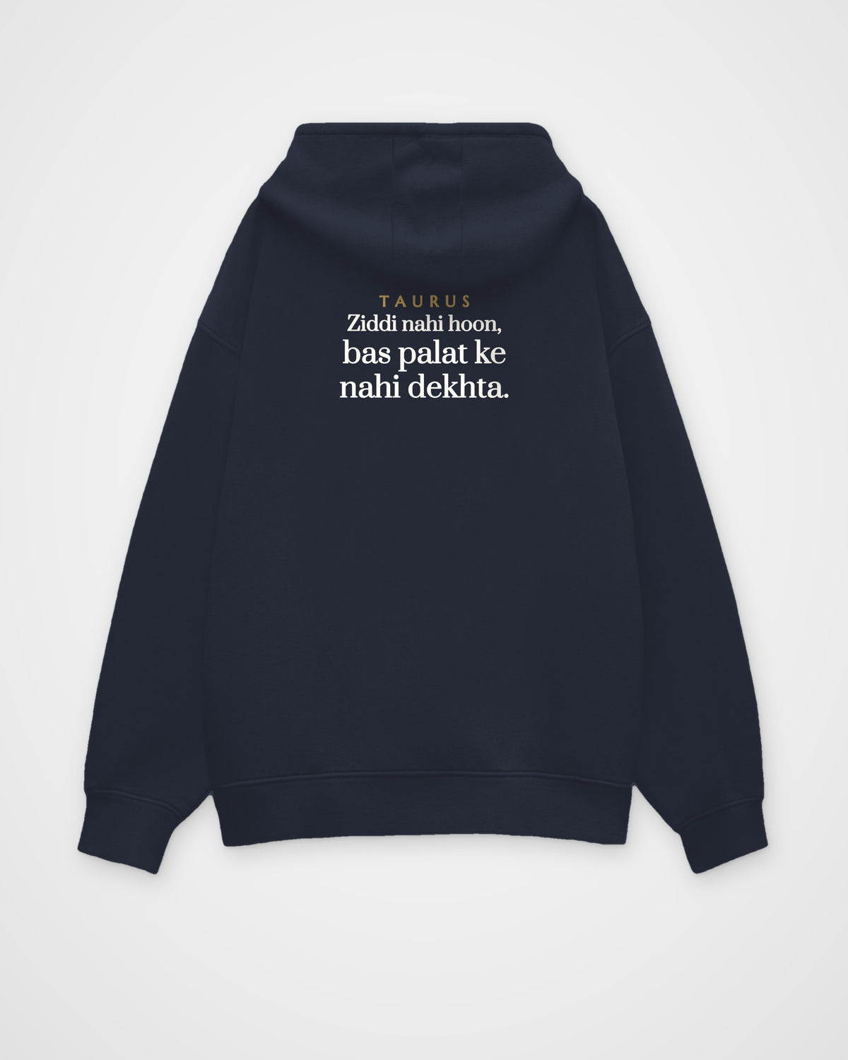 Navy Blue oversized hoodie, back view with one large print – digital mockup