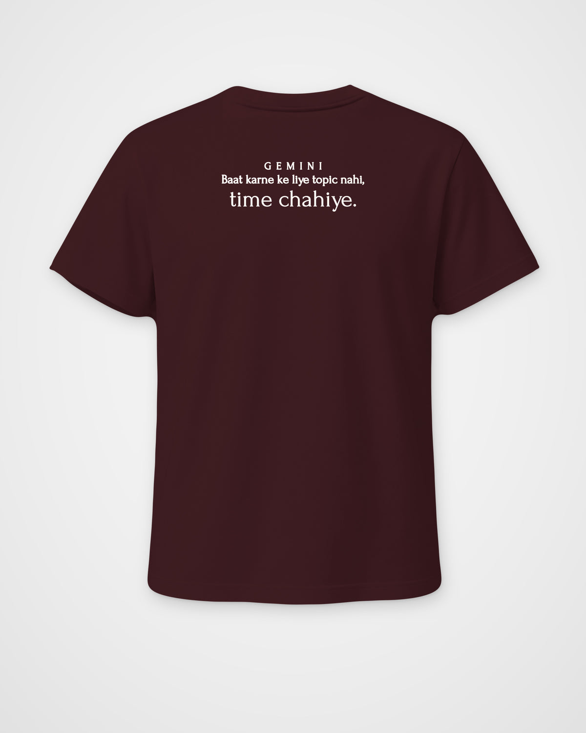 Maroon regular fit t-shirt, back view with one large print – digital mockup