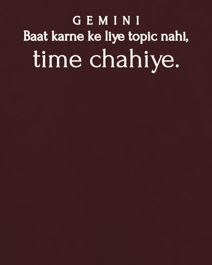 Maroon oversized t-shirt, close-up of the back print reading Baat karne ke liye topic nahi, time chahiye – digital mockup